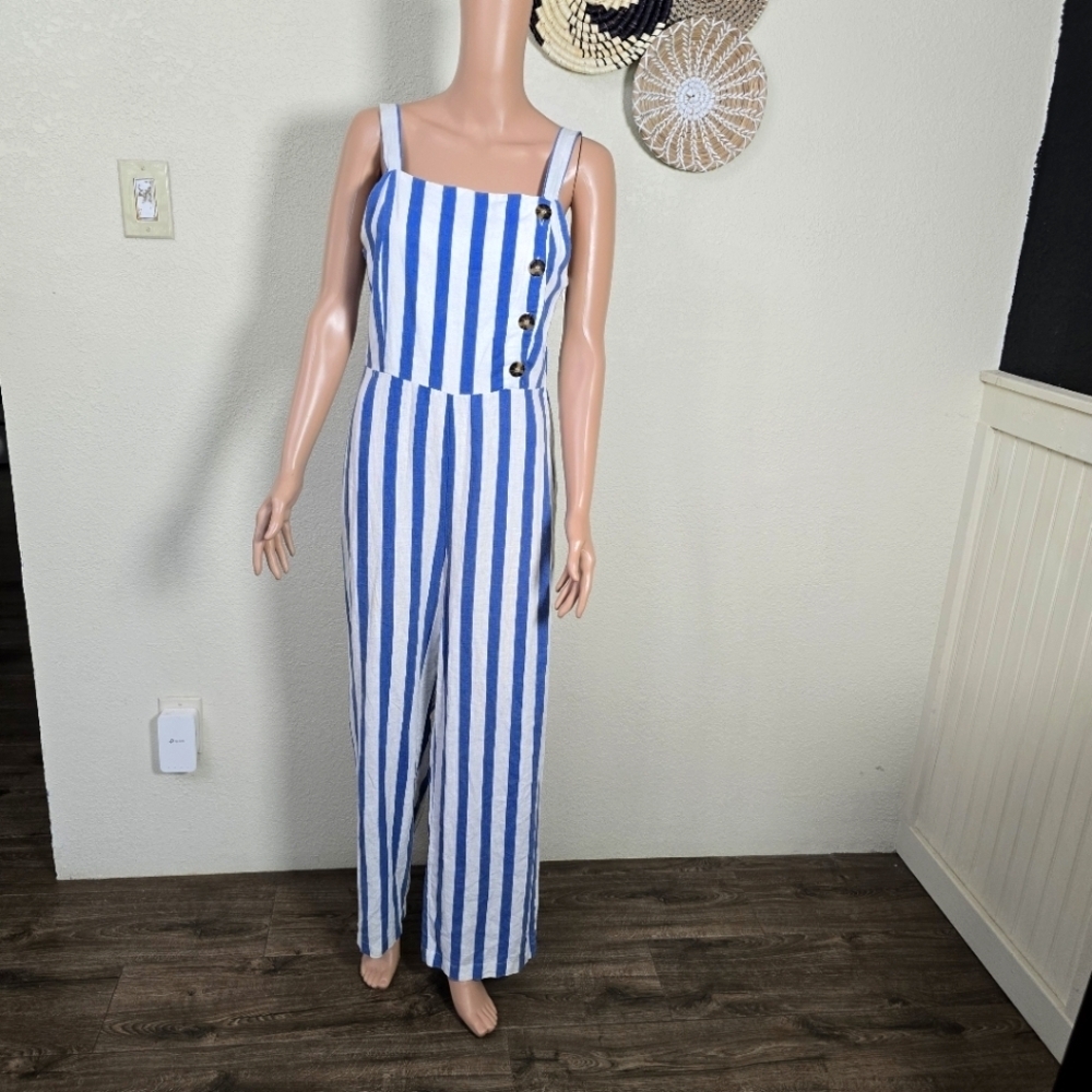 C&C California Striped Blue &white Linen blend Jumpsuit Size Small